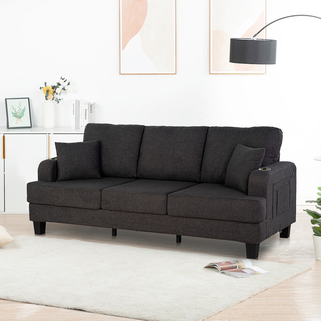 Modern Black Fabric USB Sofa with 2 Cup Holder and 2 Pillows