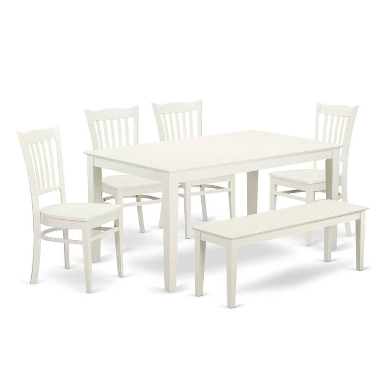 HomeStock 6-Piece Rectangle Linen White Finish Solid Wood Top Dining Table with 1 Bench, 4 Chairs with Lattice Back