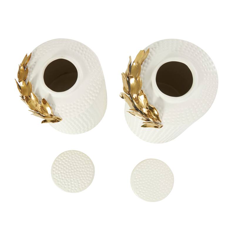 White Ceramic Living Room Decorative Jars with Abstract Spotted Pattern and Gold Leaf Accents (Set of 2)