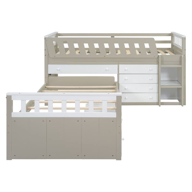 L-shaped Space-Saving Twin Loft and Twin Platform Bed with 7 Drawers and Full Guardrails