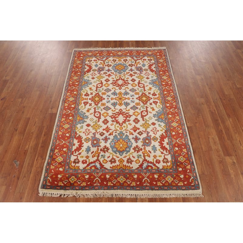 Beige / Ivory Oushak Oriental Accent Rug Hand-Knotted Wool Carpet - 4'0" X 5'11"