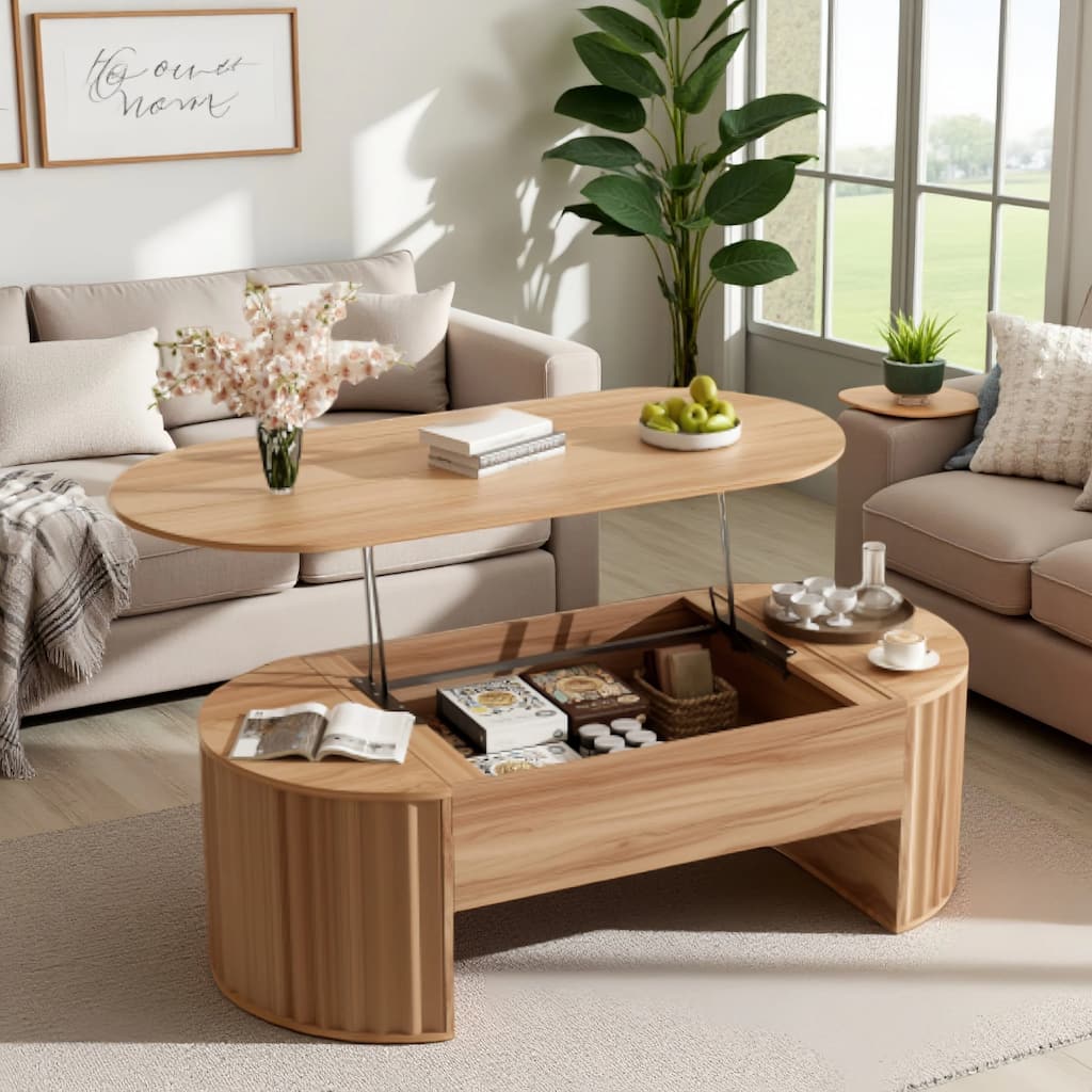 Wood Lift Top Coffee Table with Hidden Storage, 47" Oval Lift Table Top wavy grooves Design Conversation Table