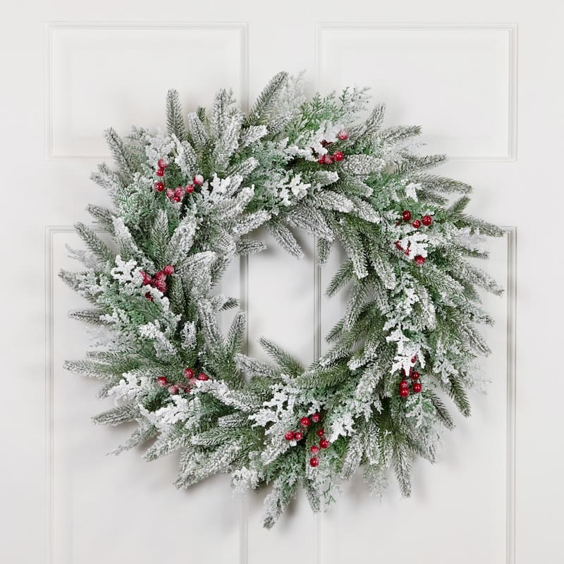 Real Touch™️ Flocked Wind River Fir with Berries Artificial Christmas Wreath - 24" - Unlit