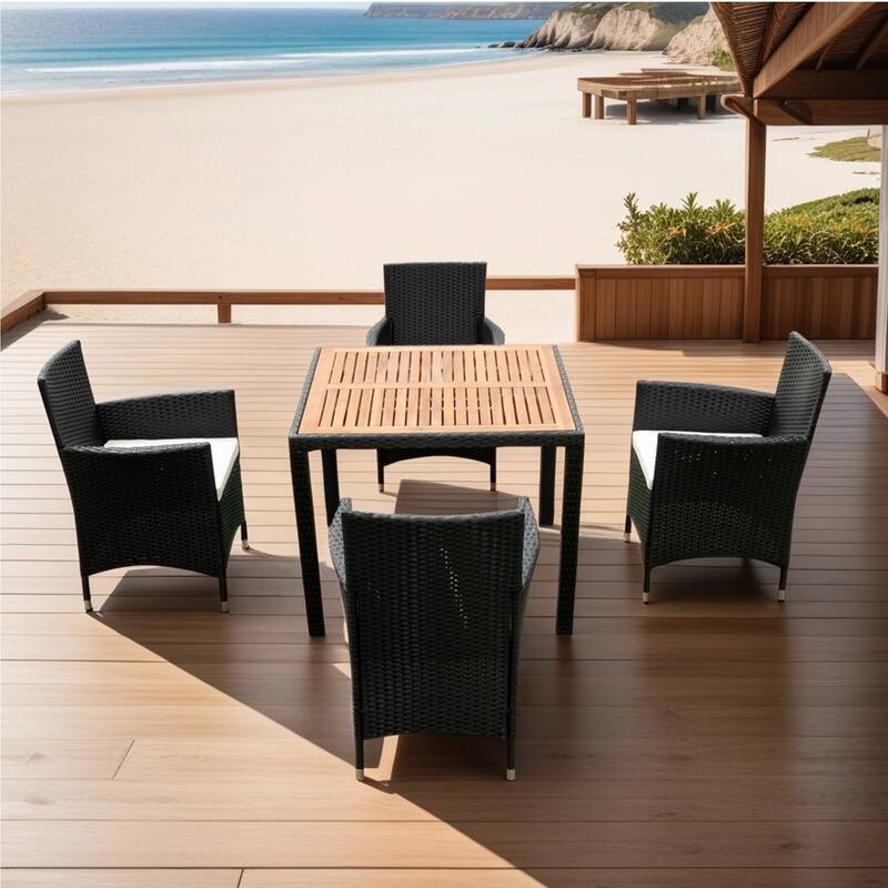 5 piece Outdoor Patio Wicker Dining Set Patio Wicker Furniture Dining Set w/Acacia Wood Top - Black