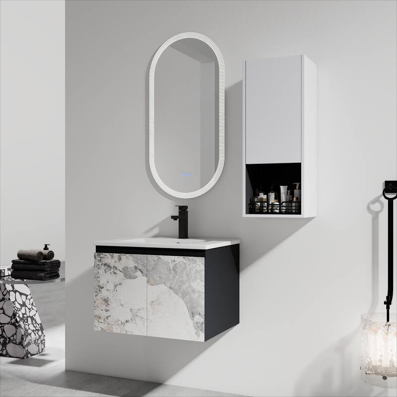 24" Wall-Mounted Bathroom Vanity with Ceramic Sink and Soft-Close Doors, Side Cabinet for Extra Storage