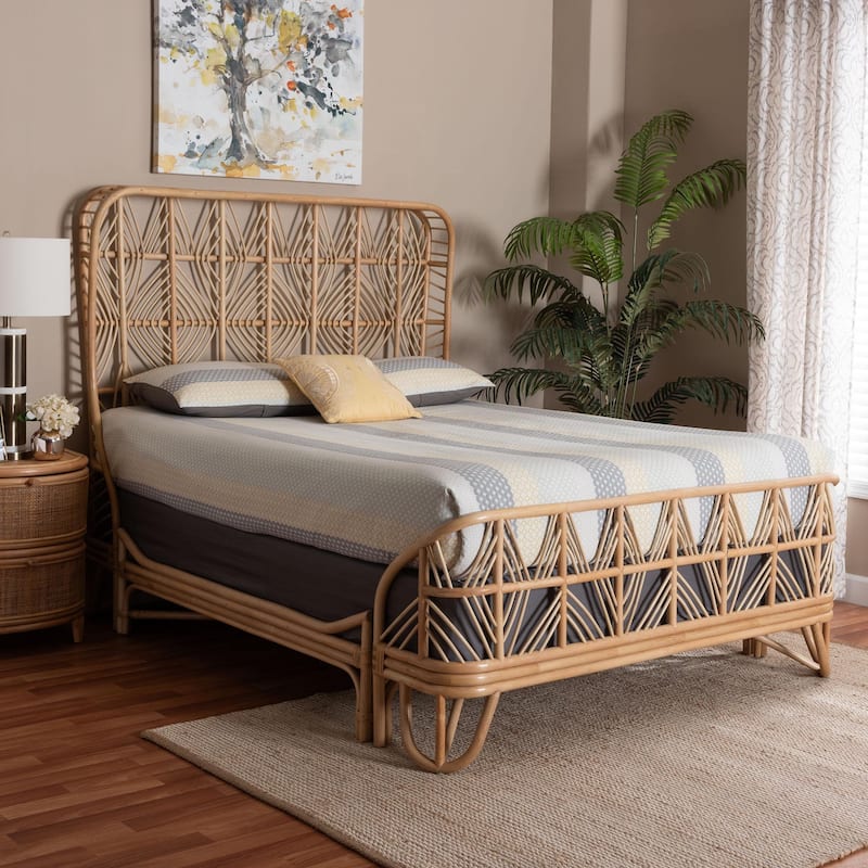 Hadley Natural Rattan Bed Frame with Openwork Geometry Headboard and Footboard, Tropical Coastal Boho Furniture, Queen