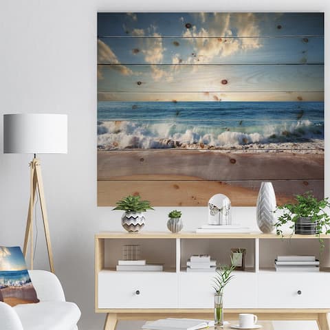 Designart 'Sea Sunset' Seascape Photography Print on Natural Pine Wood - Blue
