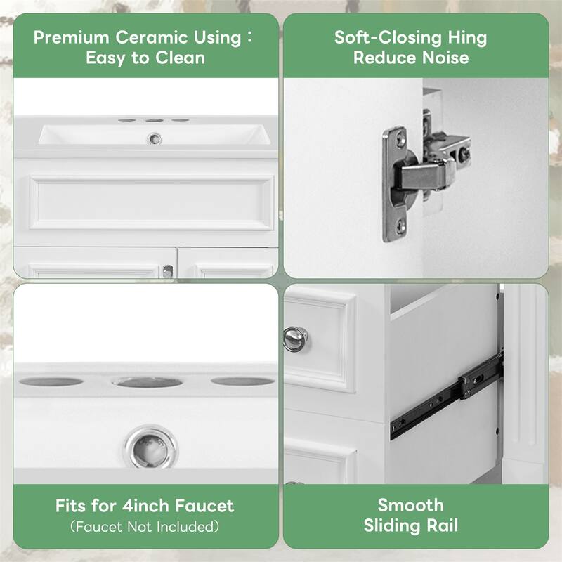 24" Bathroom Vanity with Ceramic Sink and 2 Drawers, Adjustable Shelf