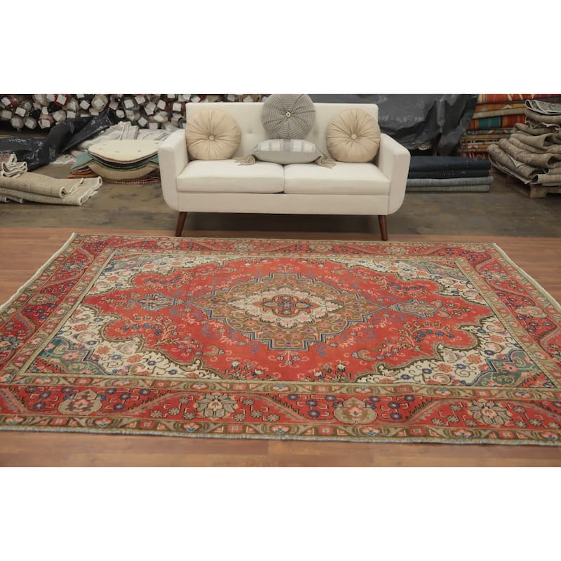 Hand Knotted Oriental 100% Wool Carpet Traditional Medallion Oranges & Rust Tabriz Area Rug - 9' 4'' X 6' 7''