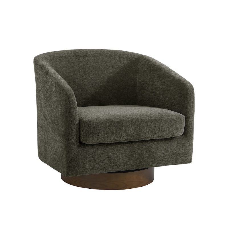 Faux Leather Wide Seat Swivel Barrel Chair - Single/Brown Base - Tan/Chenille