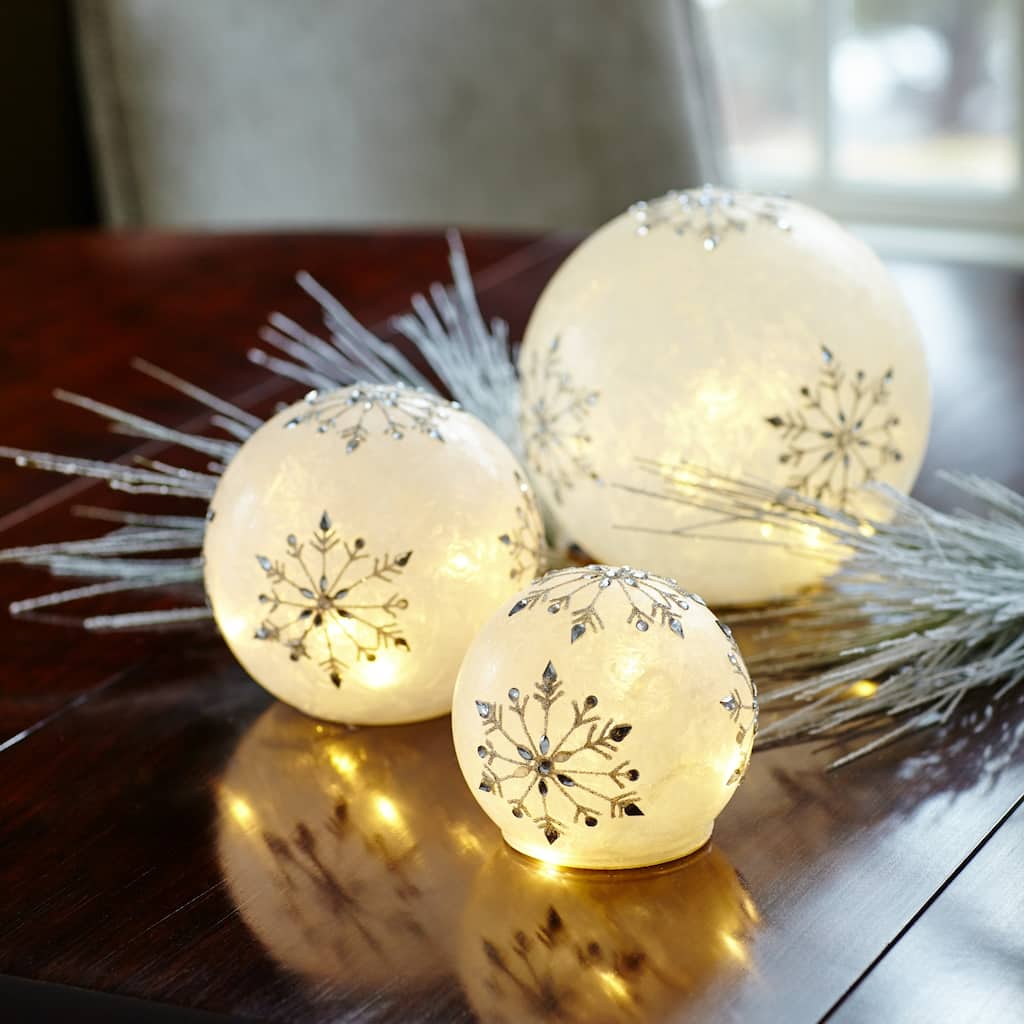 LED Lighted Snowflake Globe Christmas Decorations - 7.5" - White - Set of 2