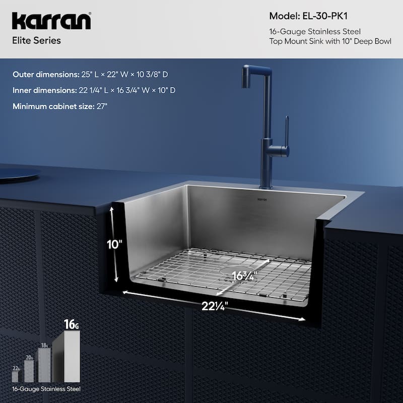 Karran Top Mount Stainless Steel 25 in. 16-Gauge Drop-In Single Bowl Kitchen Sink Kit