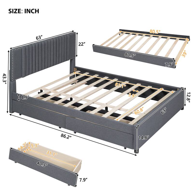 Nordic Creative Queen Size Upholstered Platform Bed with Comfy Soft Headboard Design & 2 Drawers and 1 Twin XL Trundle Bed