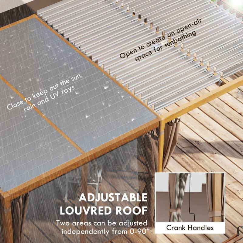Outsunny 12' x 19' Louvered Pergola Hardtop Gazebo with Adjustable Aluminum Roof and Frame, Outdoor Pergola with Curtains