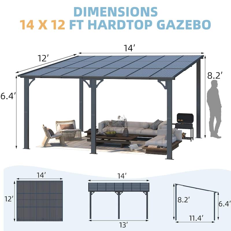 12x14ft Lean to Gazebo Hardtop Wall Mounted Gazebo