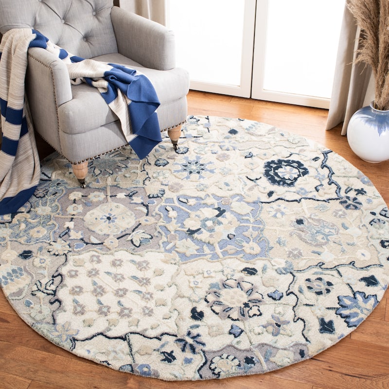 SAFAVIEH Handmade Glamour Noella Floral Wool Rug - 6' Round - Beige/Blue - Round