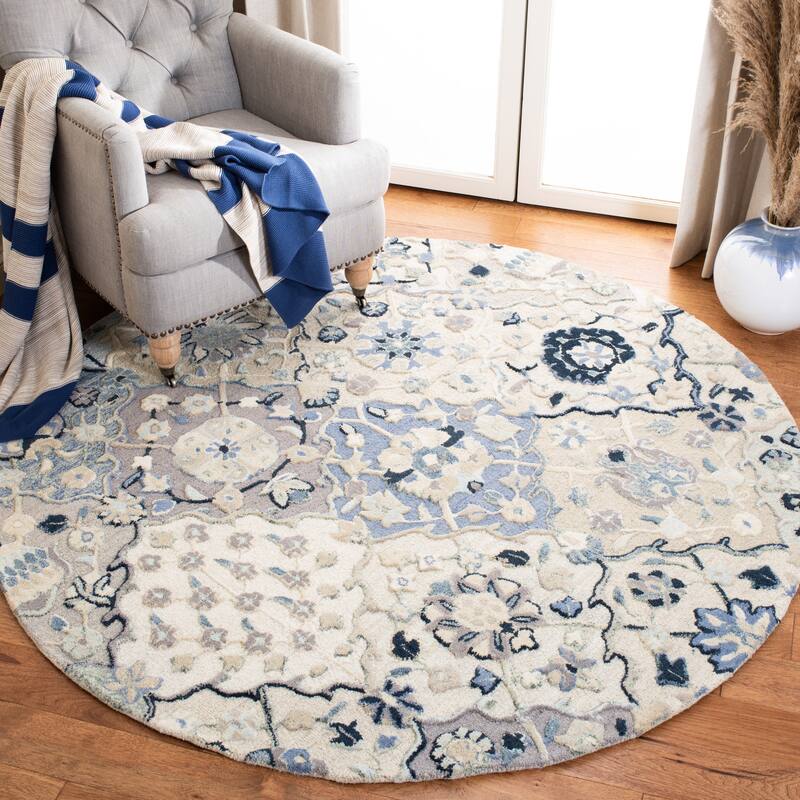 SAFAVIEH Handmade Glamour Noella Floral Wool Rug - 6' x 6' Round - Beige/Blue