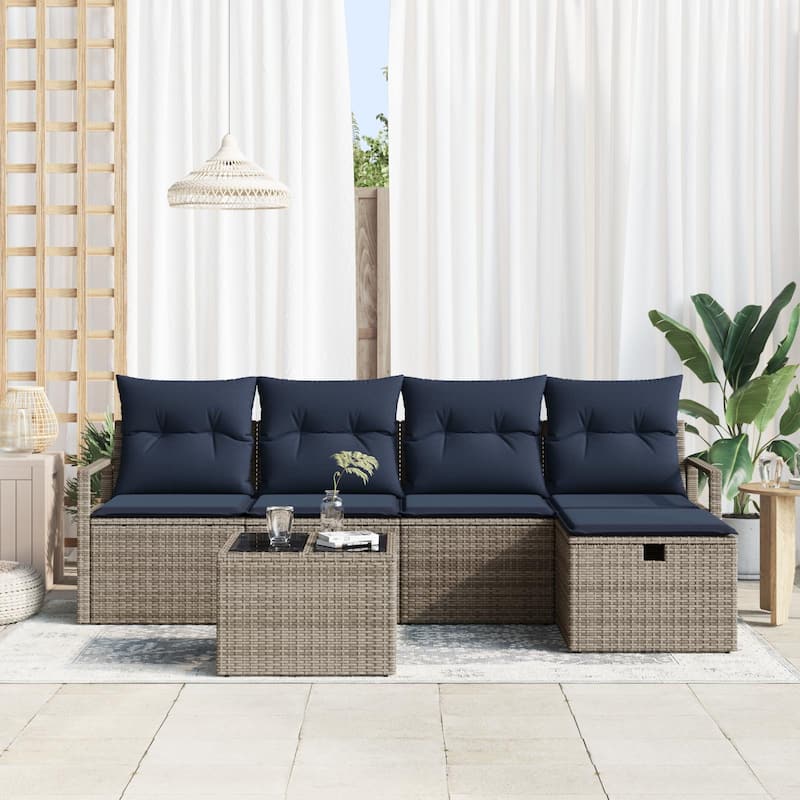 vidaXL 5/6 Garden Sofa Set with Cushions Black/Brown/Grey Poly Rattan - 90.6 x 46.1 x 27.2