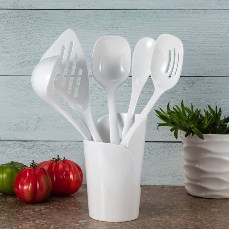Hutzler 6-piece Melamine Cooking Utensils Set, Includes 5 Cooking Tools and a Storage Crock