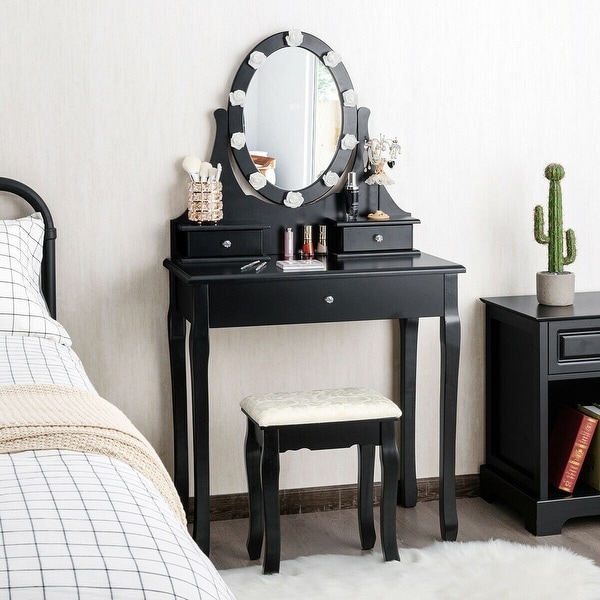 Black makeup vanity table with store lighted mirror