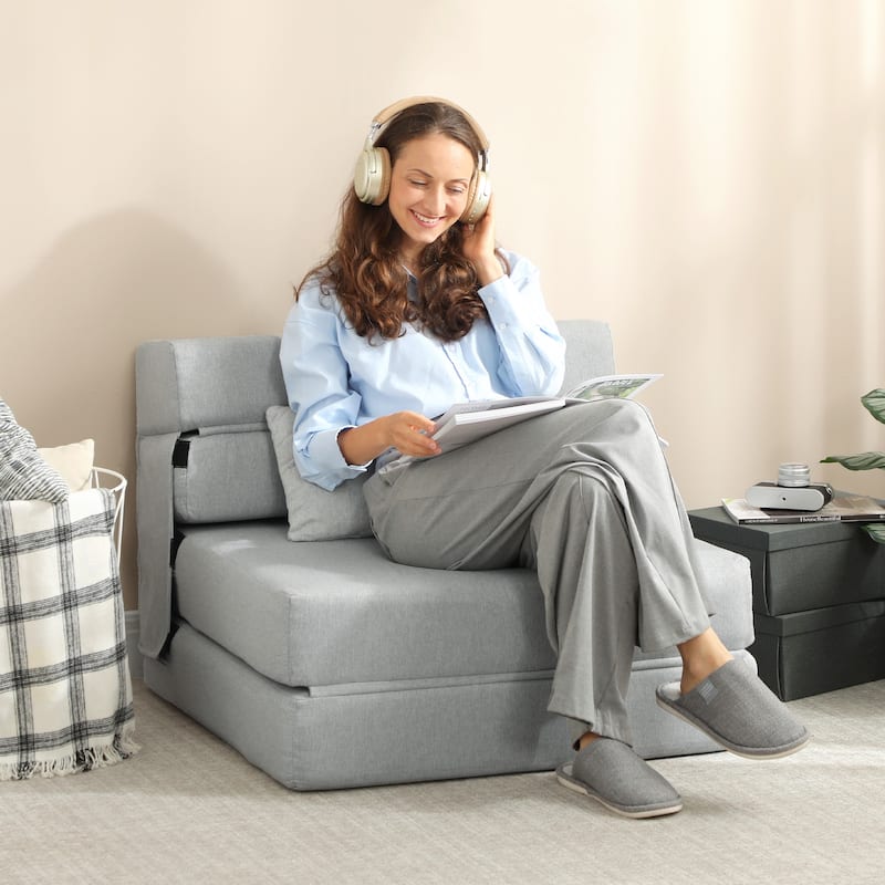HOMCOM Folding Sofa Bed, Sleeper Chair with Pillow, Modern Linen Convertible Chair Bed, Fold Out Floor Futon Couch
