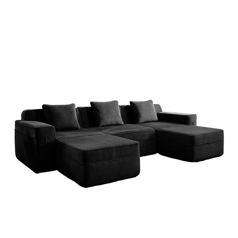 GDFStudio - Corduroy Modular 3-Seater 117.3" U-Shaped Boneless Cloud Sofa with 2 Ottomans