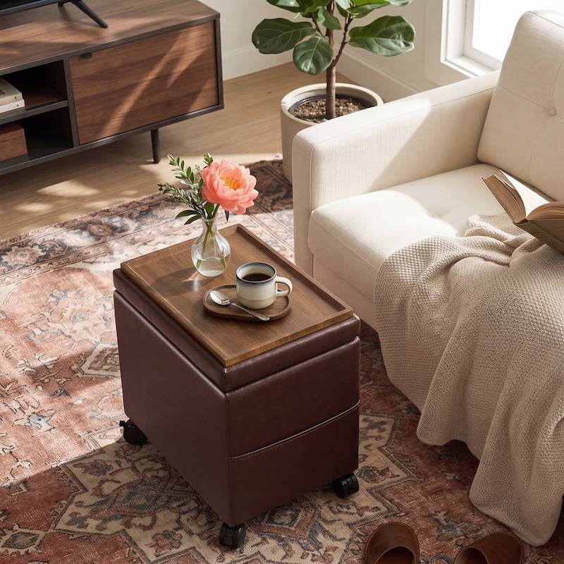 Adeco 16" W Upholstered Rectangle Storage Ottoman with Tray and Pocket - Brown-Faux-Leather-with-Casters