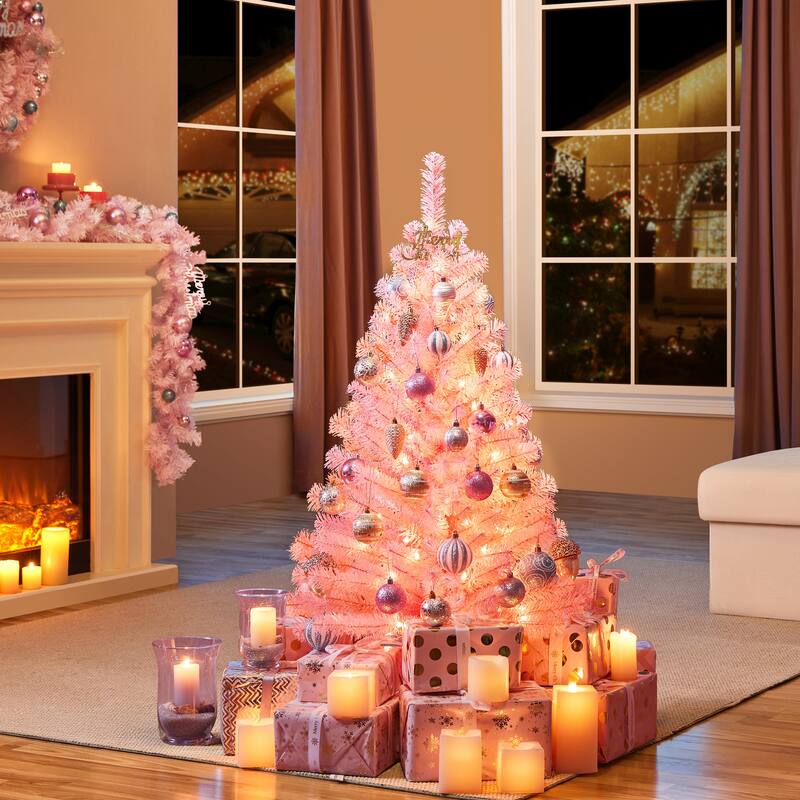Yaheetech 4ft Pre-lit Black Tinsel Artificial Halloween Christmas Tree - Pink