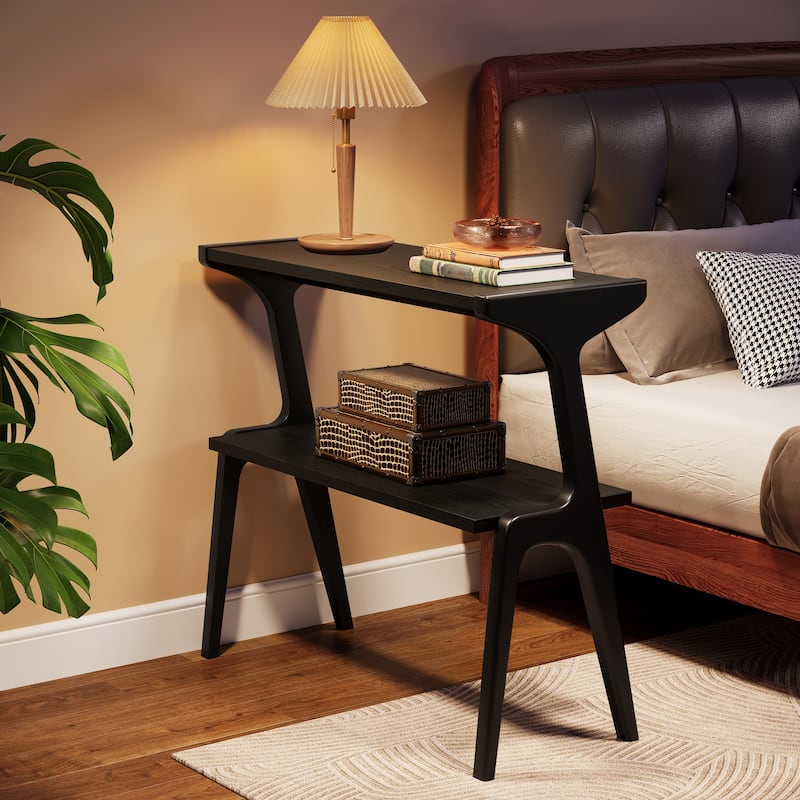 Wood 2-Tier Narrow Side End Chairside Table for Small Space