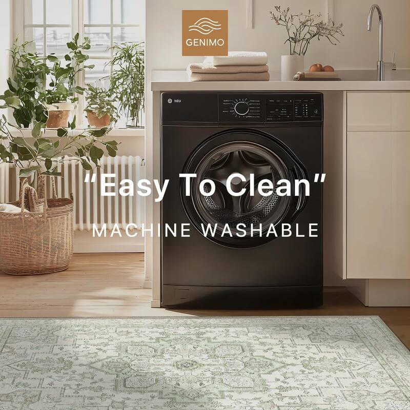 Mcow Green Floral Faded Low Pile Machine Washable Non-Slip Area Rug - 2'X6'