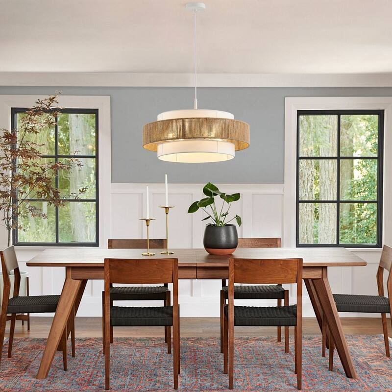 Modern 4-Light Pendant with Natural Rope and White Shade