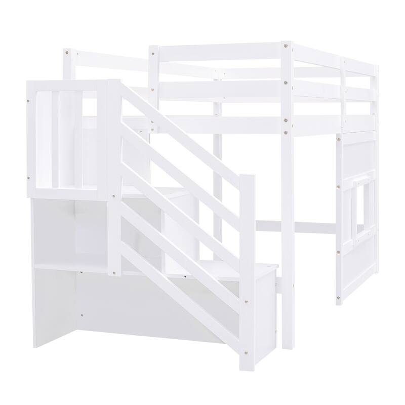 Twin Size Low Loft Bed with Storage Staircase and Window, Wooden Loft Bed Frame with Full Length Guardrail and Slat Support