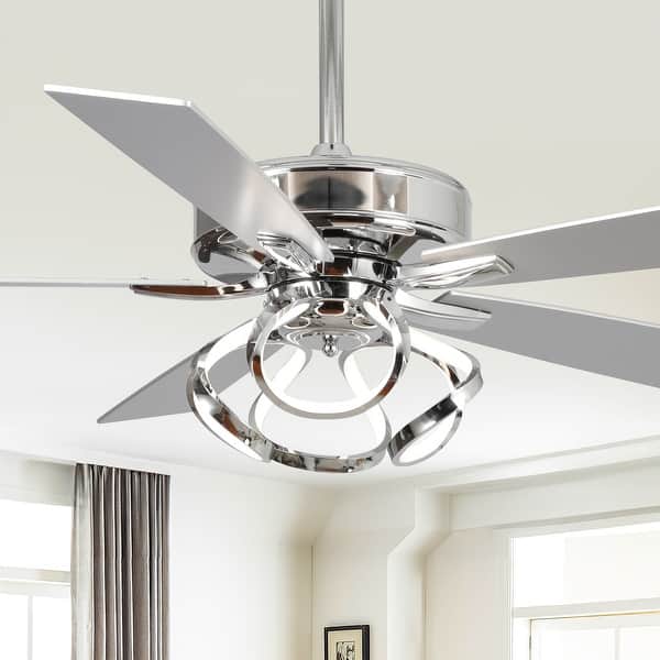 slide 2 of 48, 52" Modern Chrome/ Black Indoor Ceiling Fan Light with Remote and 5 Resiversible Blades Chrome
