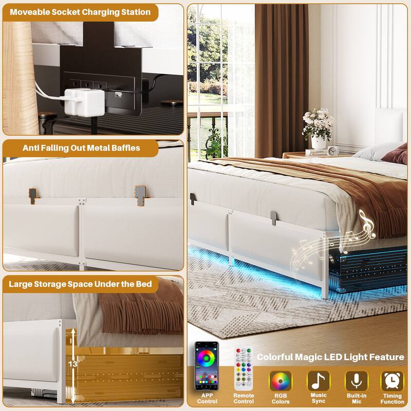 Upholstered Bed Frame with Height Adjustable Headboard,with RGB LED Light and Charging Hub