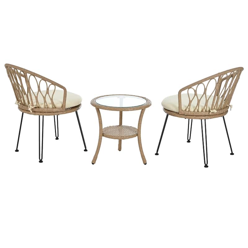 Outdoor Leisure Set, 2 Rattan Single Chairs with 1 Glass Round Table