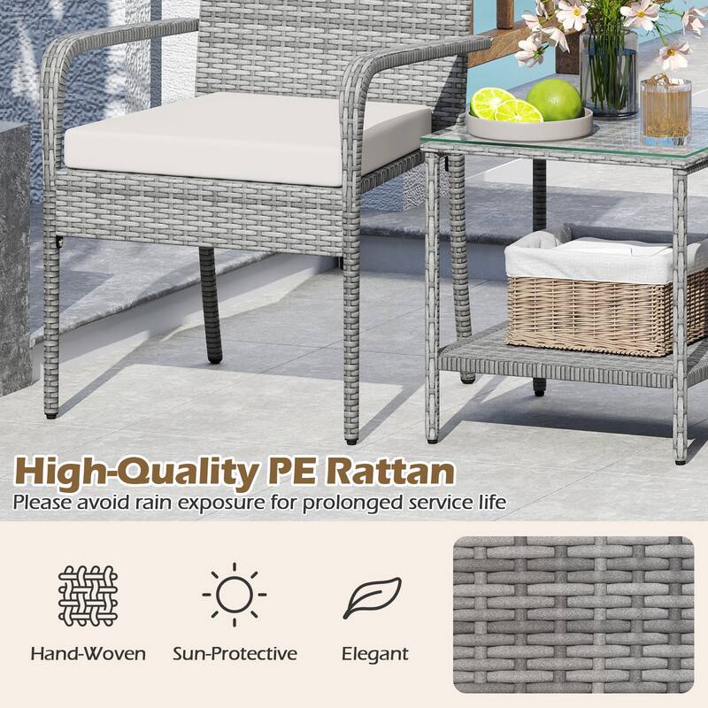 Gymax 3 Pieces Patio Furniture Set PE Rattan Porch Chairs w/ 2-Tier