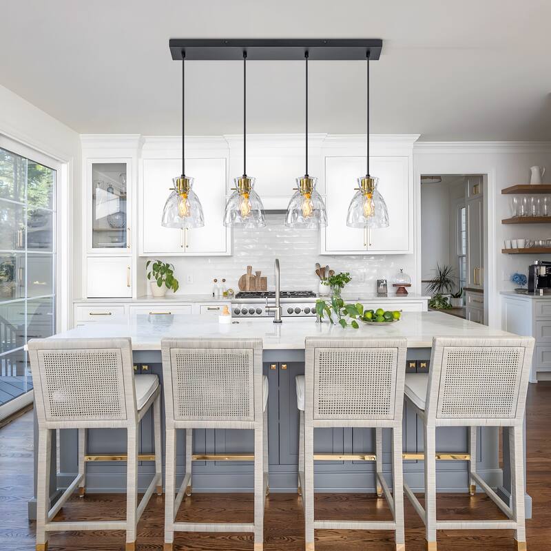 Starsky 4-Light Modern Linear Chandelier Cluster Kitchen Island Light with Hammered Glass Shade - Black&Gold