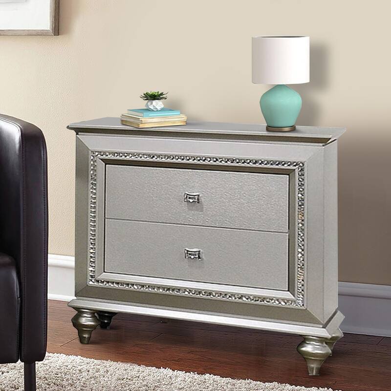 2 Drawer Spacious Nightstand with Mirror Beveled Pulls, Silver
