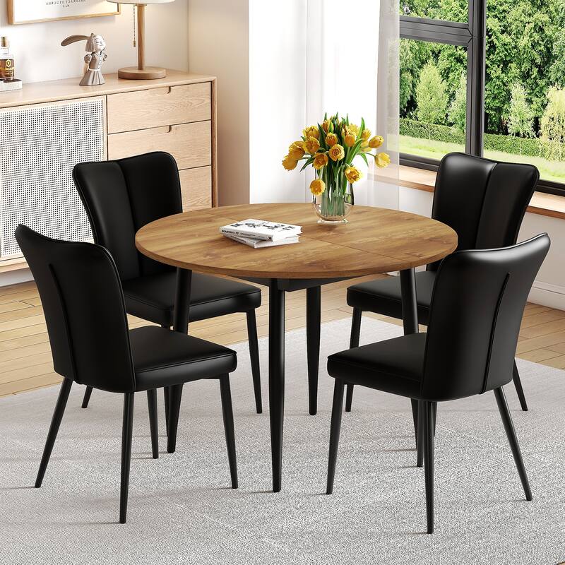 Wood Kitchen Table Set with 4 Vertical Stripe Chairs, 5-Piece Round Dining Set with Extendable Dining Table