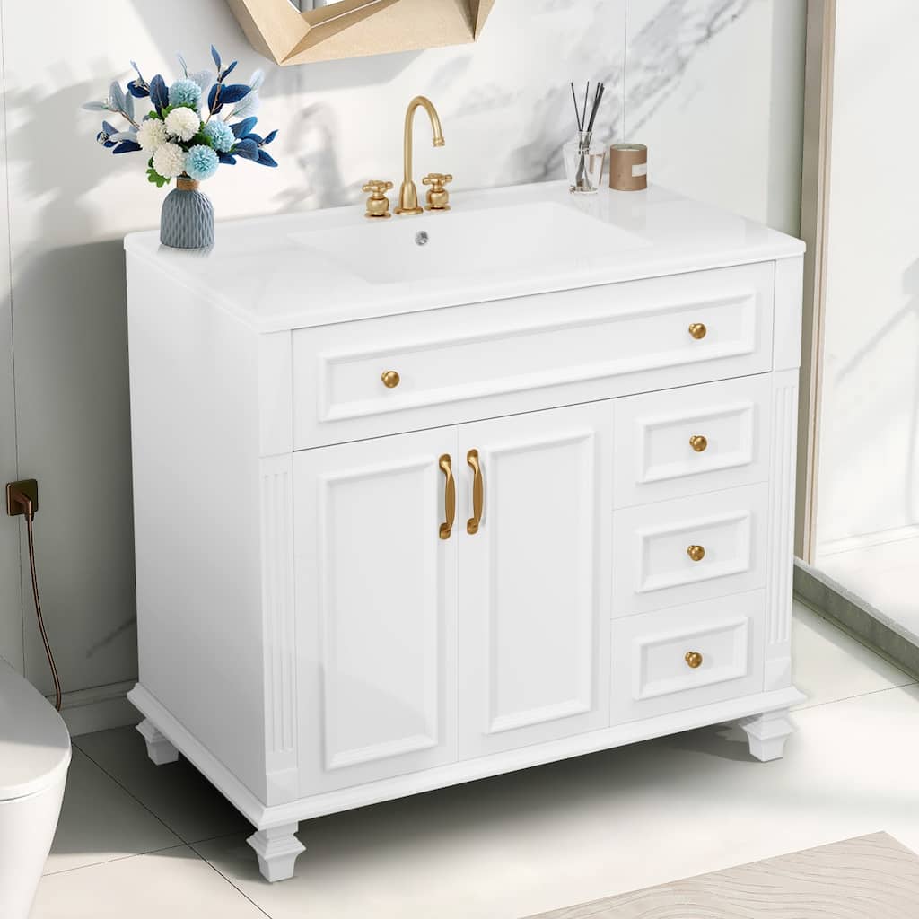 36" Bathroom Vanity with Ceramic Sink,Flip-Out Drawer,Solid Wood & MDF