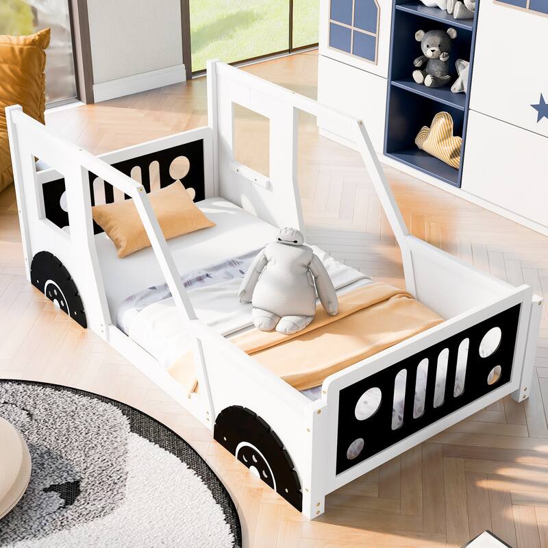 Roomfitters Twin Size Classic Car-Shaped Platform Bed with Wheels and Playful Frame Design - White - Twin