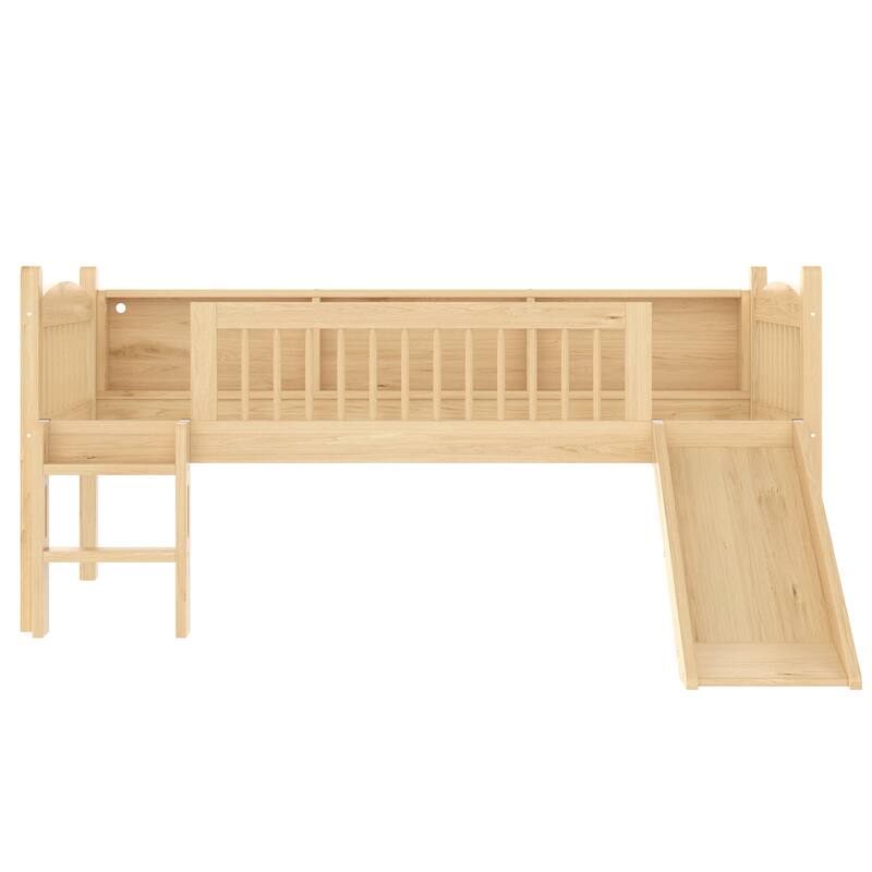 Roomfitters Twin XL Low Loft Bed with Storage Shelves and LED Lights, Solid Wood Frame