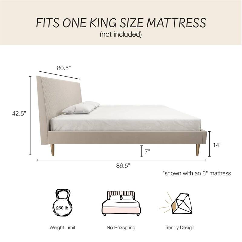 Off-White Ivory Cream Upholstered Platform Bed Frame with Headboard
