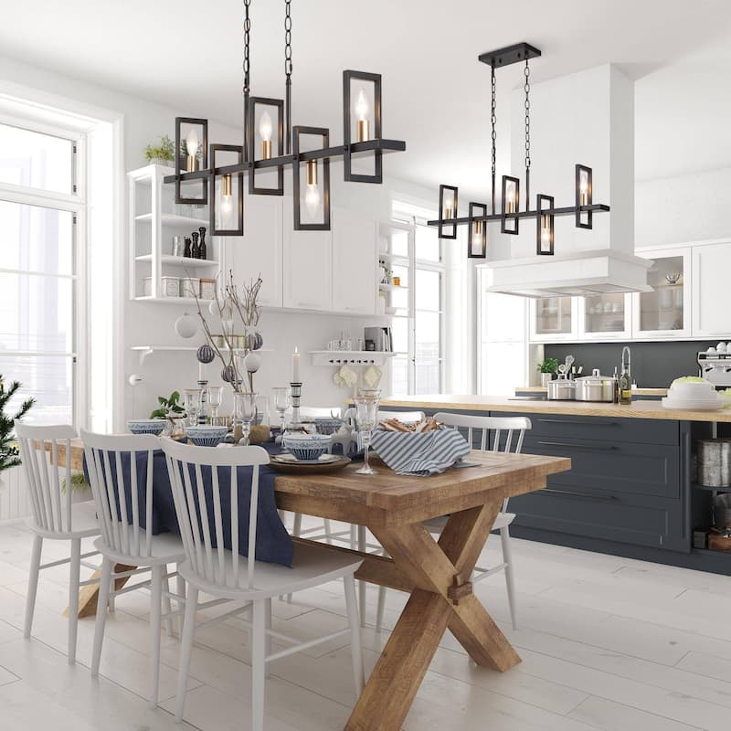 Tinka 32 Inches Modern Farmhouse Linear Black Chandelier 5-Light Geometric Kithen Island Pendant Lights Brass