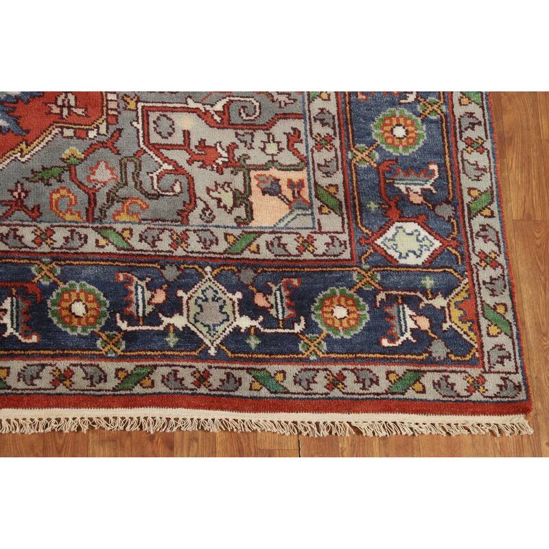 Geometric Heriz Serapi Indian Area Rug Hand-Knotted Orange Wool Carpet - 7'10" x 9'8"