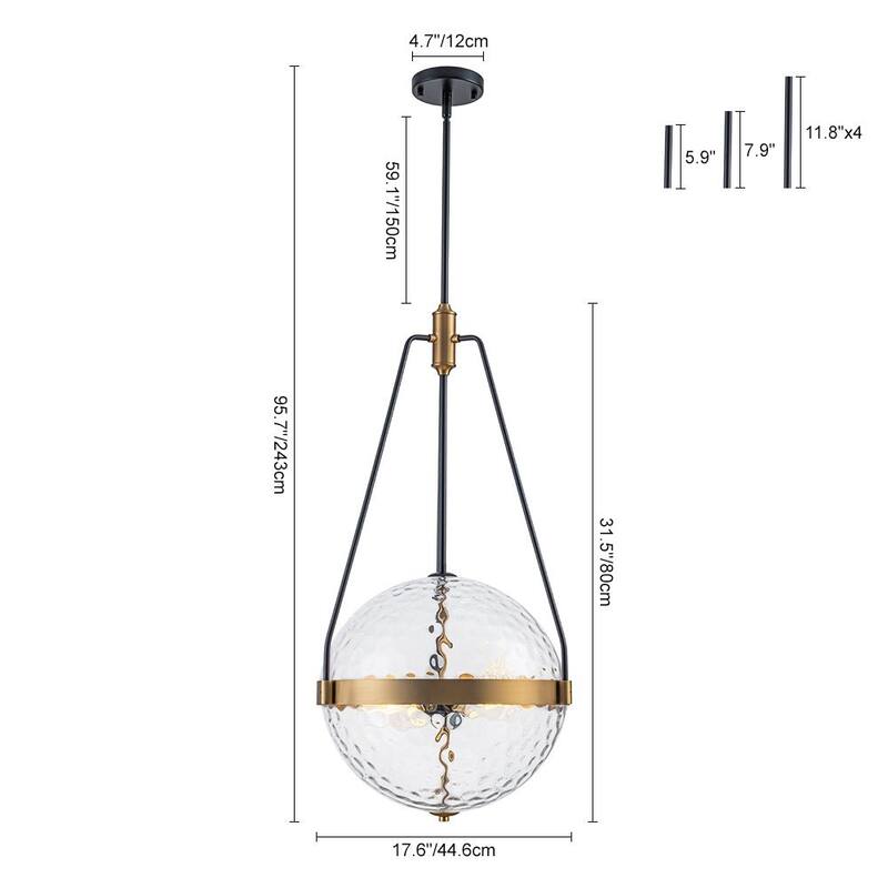 4-Light Industrial-style Rippled Glass Sphere Pendant - 17.6 in