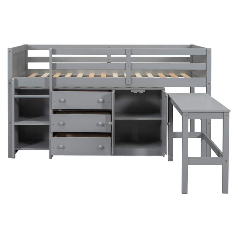 Nestfair Twin Size Low Loft Bed With Pull-Out Desk, Drawers, Cabinet, and Shelves