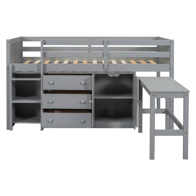 Twin Loft Bed with Pull-Out Desk, Drawers, Cabinet, and Shelves for Kids