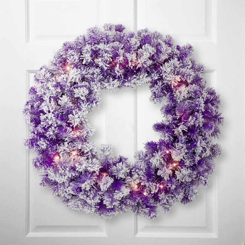 Pre-Lit Flocked Pine Artificial Christmas Wreath - 24" - Purple - Clear Lights