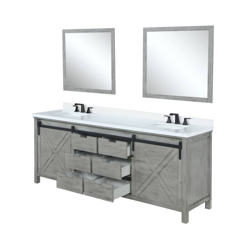 Marsyas 80 in W x 22 in D White Double Bath Vanity, Grey Quartz Countertop, Faucet Set and 30 in Mirrors